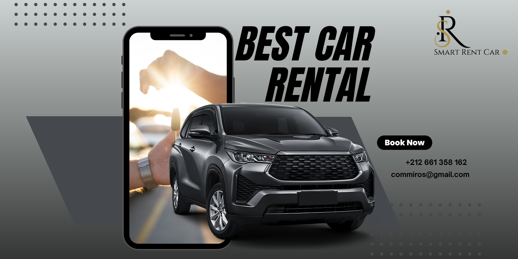 4x4 vehicle for rent at Marrakech airport – Smart Rent Car with contact number and email visible. Ideal for car hire in Marrakech and affordable car rental in Morocco.