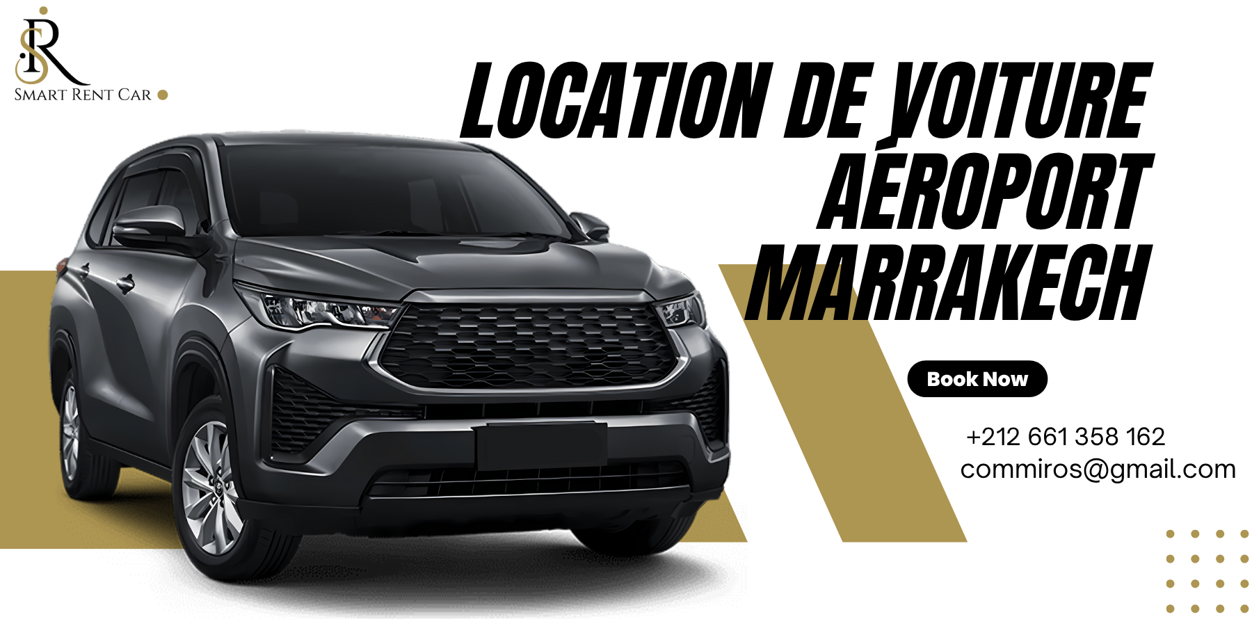 Voiture de location moderne disponible à l’aéroport de Marrakech avec coordonnées de contact visibles pour location voiture Marrakech.