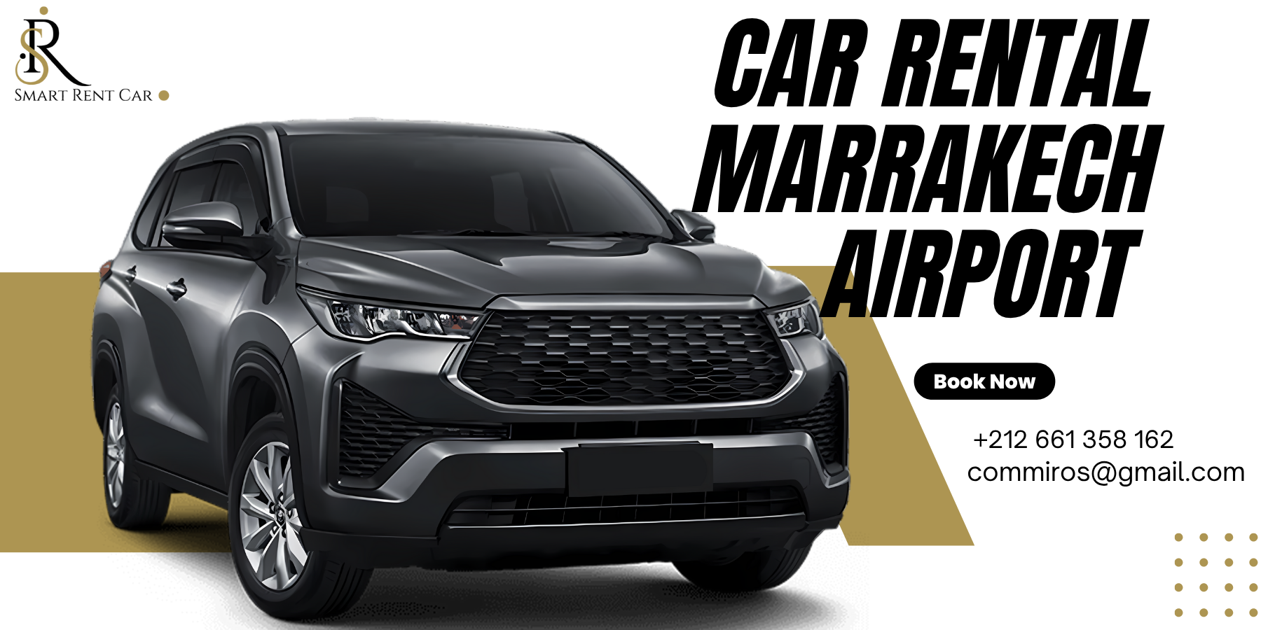 Modern rental car available at Marrakech Airport with visible contact details for car hire in Marrakech.