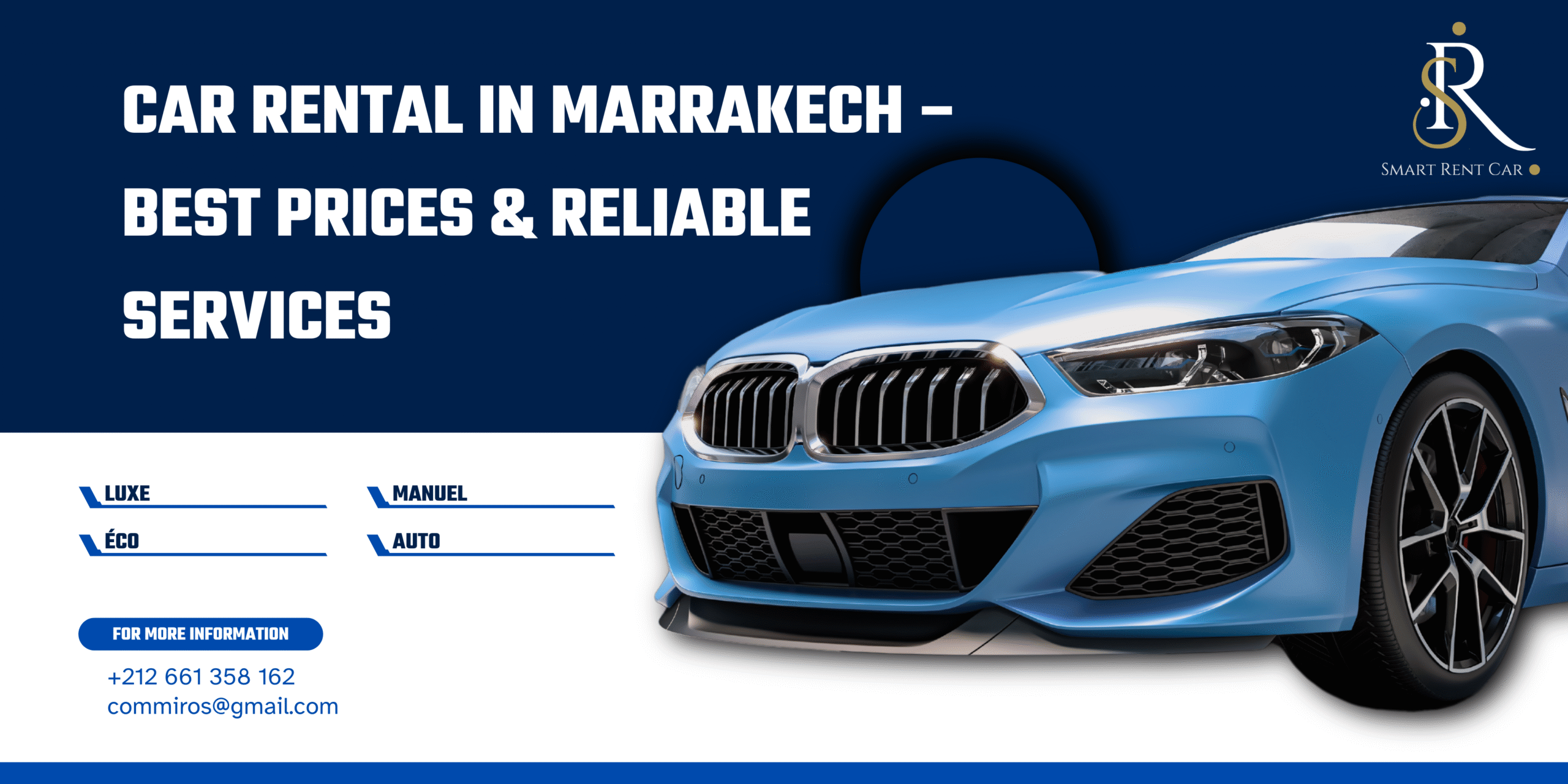 Modern car available for car rental Marrakech airport – Smart Rent Car with phone number and email for booking