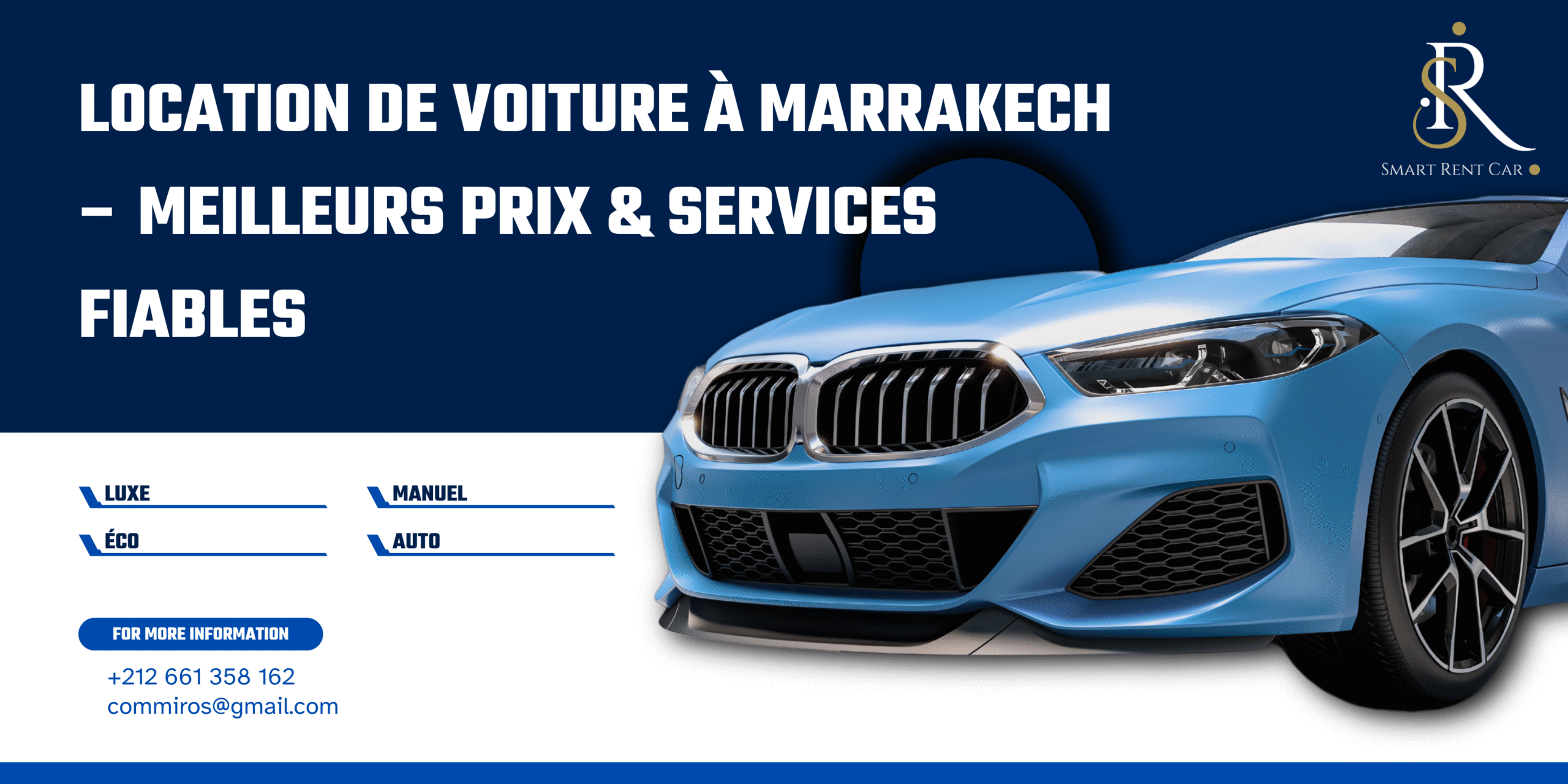 Voiture moderne disponible pour location voiture aéroport Marrakech – Smart Rent Car avec numéro et email pour réservation