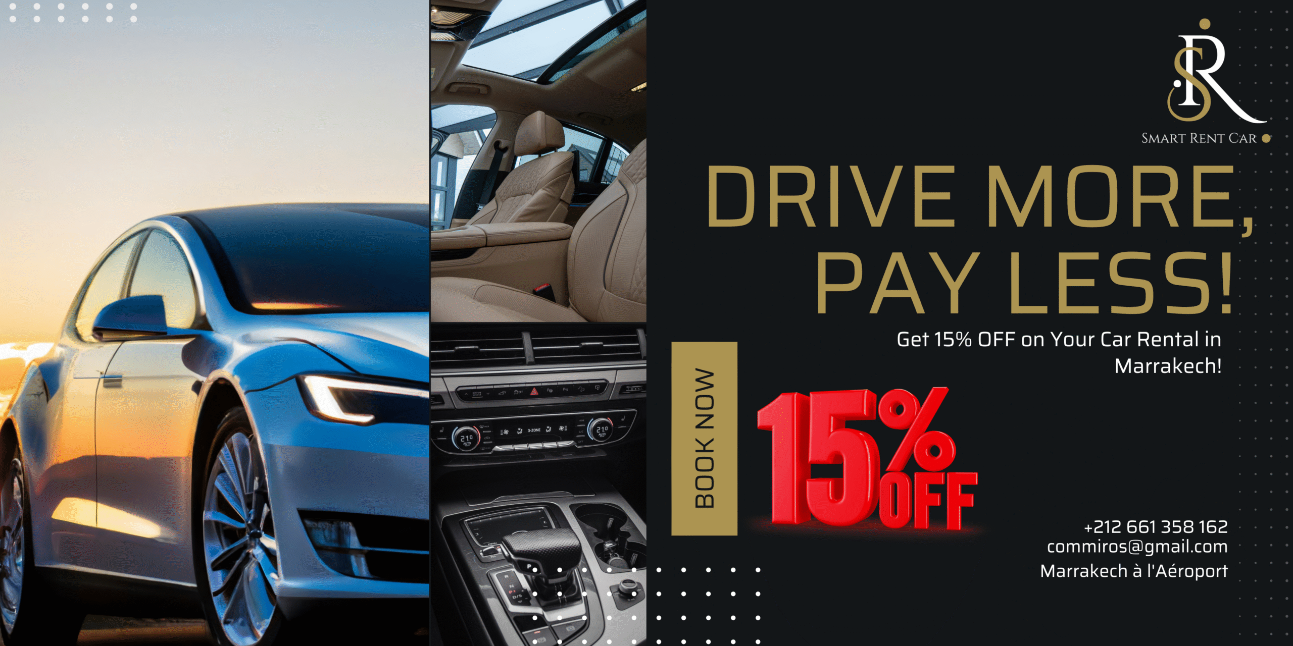 Car rental in Marrakech with Smart Rent Car – 15% discount on all vehicles, including cheap car hire and Marrakech airport car rental. Contact +212 661 358 162 or commiros@gmail.com to rent a car in Morocco.
