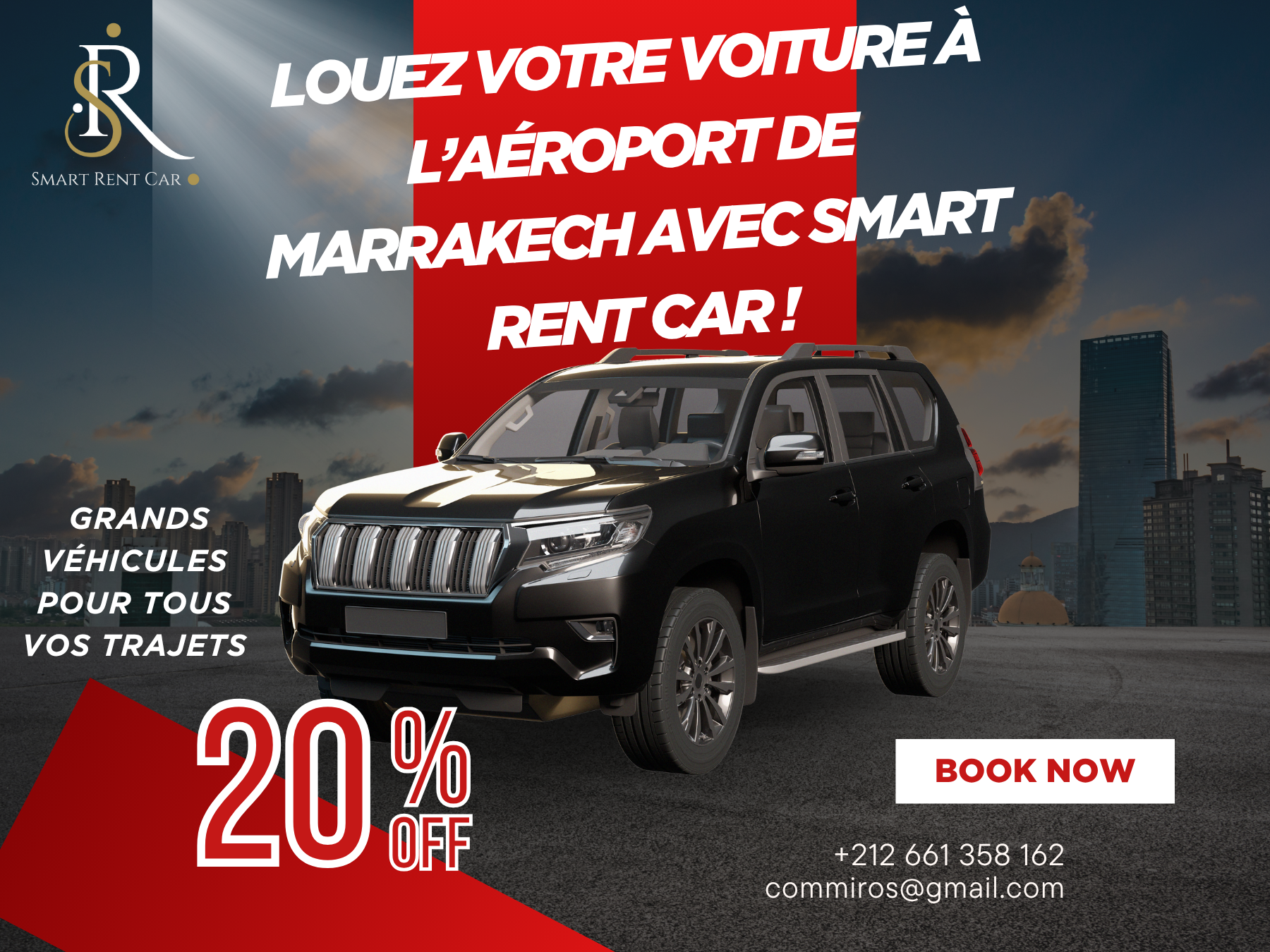 Économisez sur la location voiture aéroport de Marrakech avec Smart Rent Car – service de location fiable et abordable avec une réduction exclusive de 20 %.